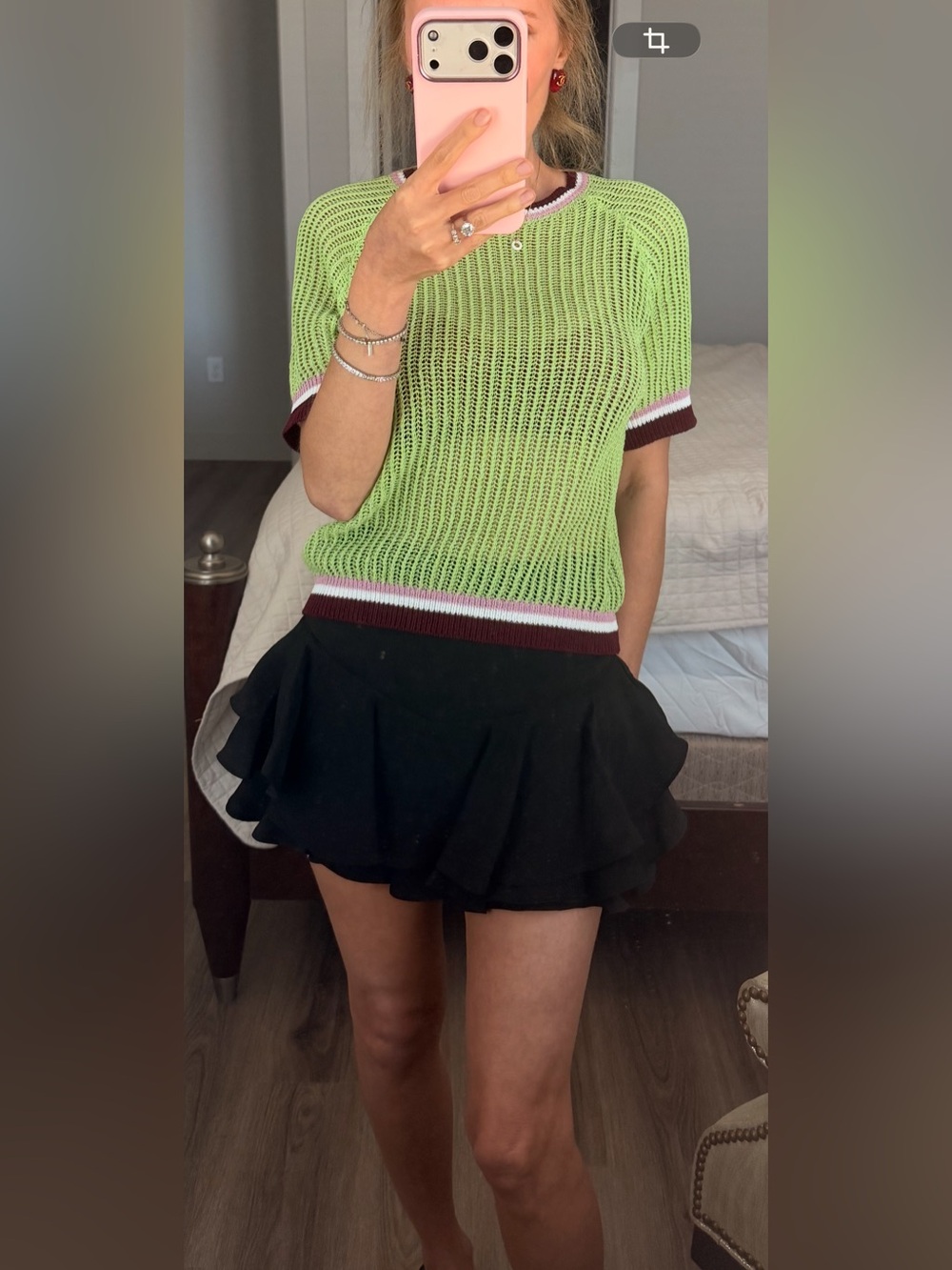 Zara Lime Green Knit Short Set with Pink and Brown Trim - Picture 2 of 5